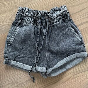 High-Rise Paperbag Denim Shorts - Washed Black